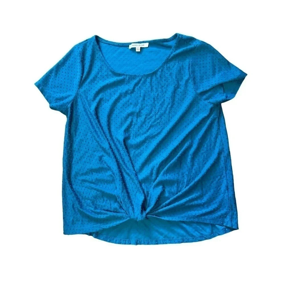 Rose & Olive Teal Swiss‎ Dot Womens Large Front Twist Short Sleeve EUC